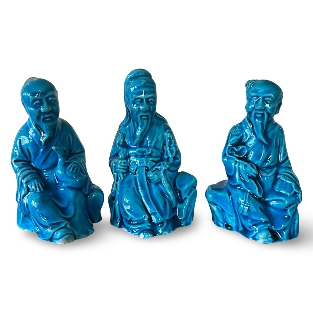 Vintage Cyan Blue Chinoiserie 3 Immortals Statues